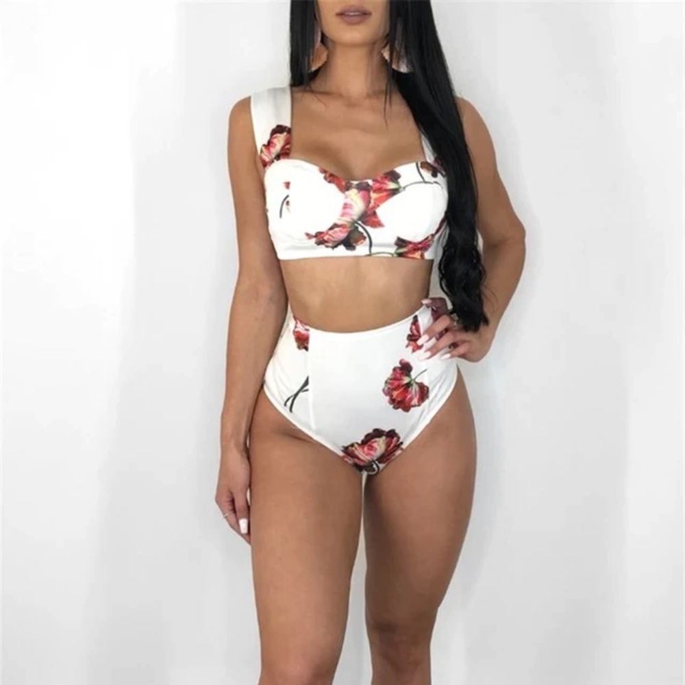 NWT L or XL white floral Spanish square neck hi waist - Picture 6 of 8